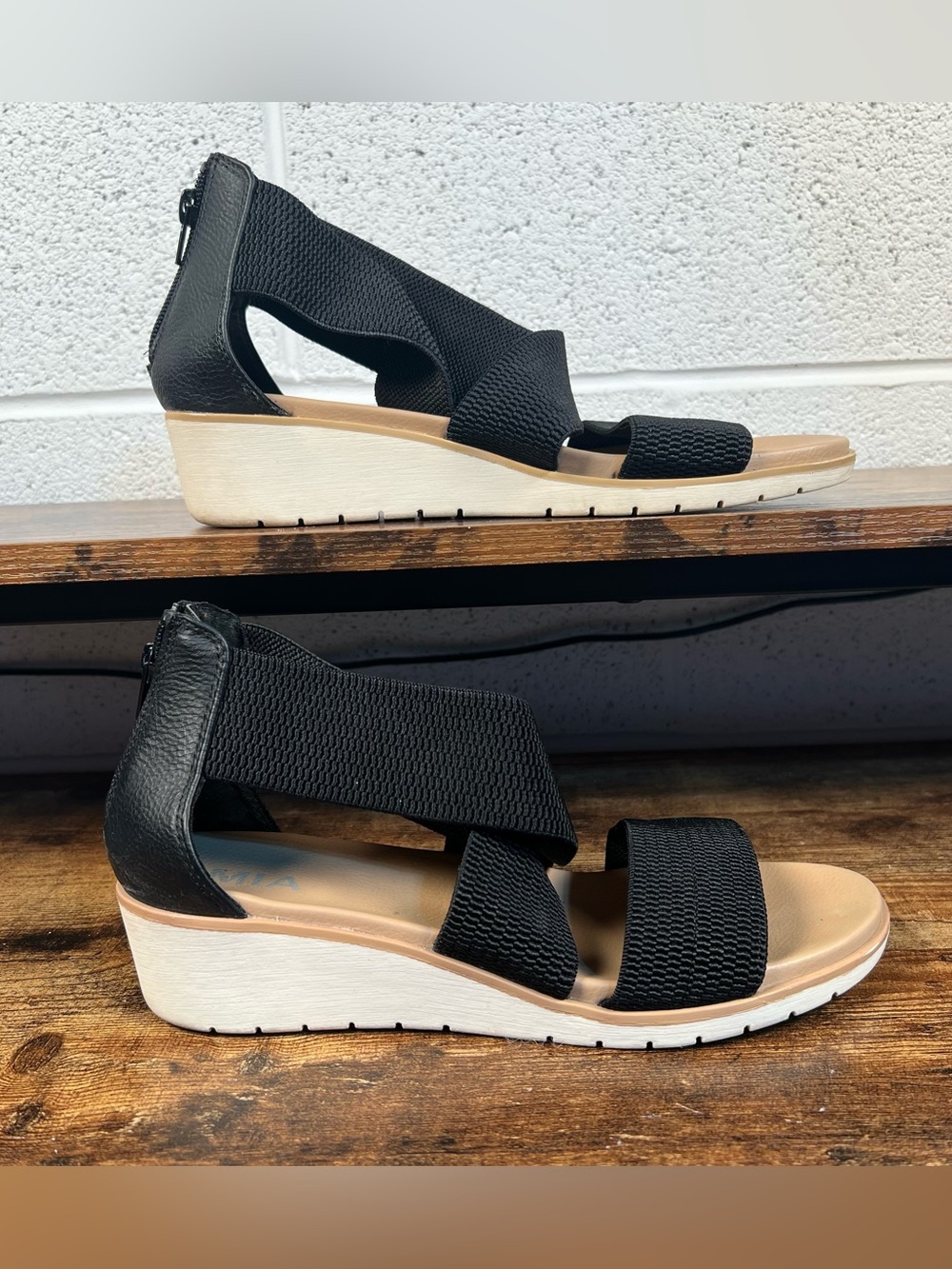 MIA Sandals‎ Wedge Heel Black Stretch Straps Chelsia Zip Back Casual Women's 9